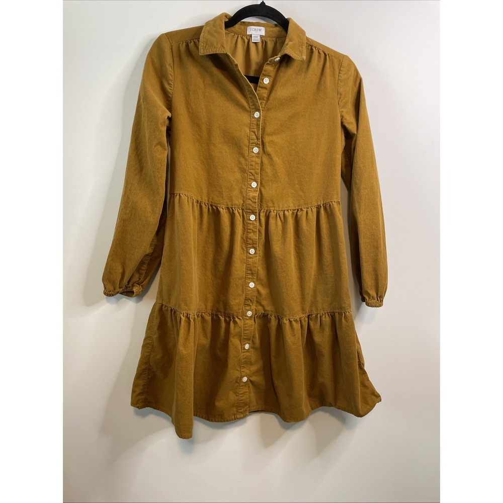 J Crew 00 Mustard Corduroy Tiered Shirt Dress Cotton Button Front Mini